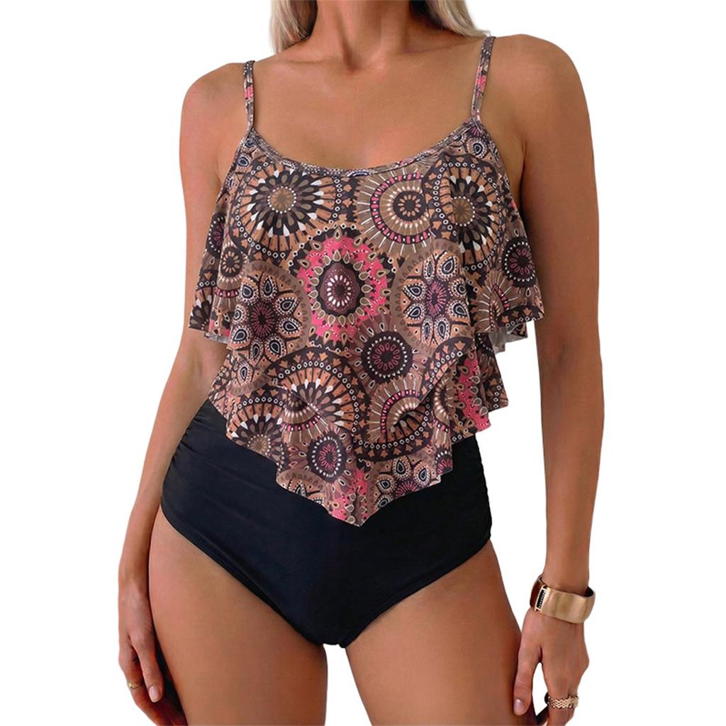 Women’s Two Piece Swimsuit Ruffle Tankini Top with Adjustable Straps and High Waist Floral Printed Bottoms