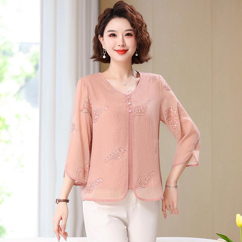 

2026 Elegant Summer Chiffon Top - New Chinese Style Short-Sleeve for Stylish Middle-Aged and Elderly Women XL (recommended 90-105 jin) розовый