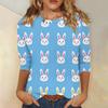 T-shirt Casual Alla Moda da Donna con Stampa di Coniglietti Pasquali e Uova, Scollo, Manica a Tre Quarti