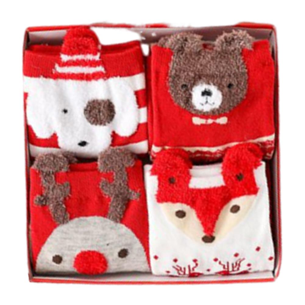 4 Pairs Womens Christmas Socks with Gift Box Elk Happy Funny Plush Socks Elk Christmas Socks for Family Gifts