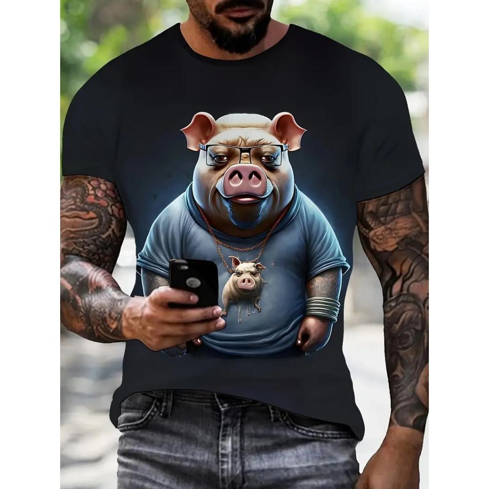 Herren Lustiges Schwein T-Shirt Niedliche Cartoon 3D Druck Kurzarm für Mann Rundhals T-Shirts Polyester Oberteile Outdoor Schnelltrocknend Herrenbekleidung