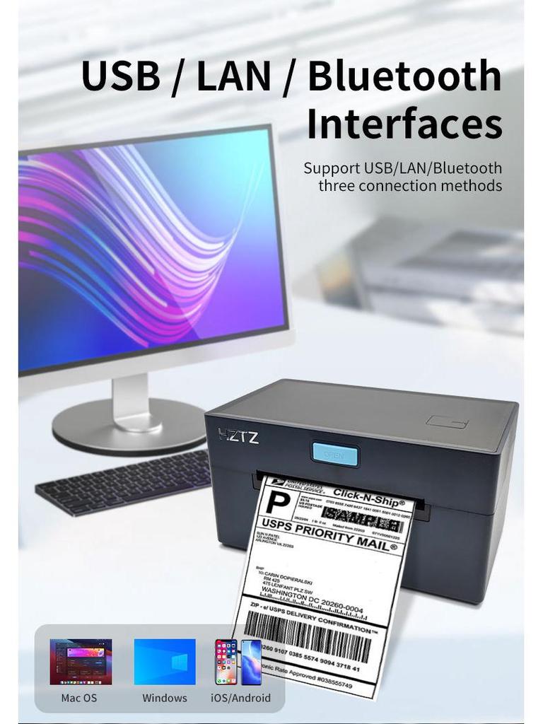 Vysokorychlostní termotiskárna štítků HZ-9220 s USB, Bluetooth a WiFi pro čárové kódy a přepravní štítky