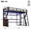 Loft Bed, 90 x 200 cm, Iron Frame, with Light Strip, Socket, Clothes Hanging Area, Desk, Storage, Shelves, Open Space, without Mattress, Black