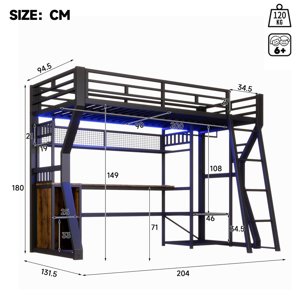 Loft Bed, 90 x 200 cm, Iron Frame, with Light Strip, Socket, Clothes Hanging Area, Desk, Storage, Shelves, Open Space, without Mattress, Black