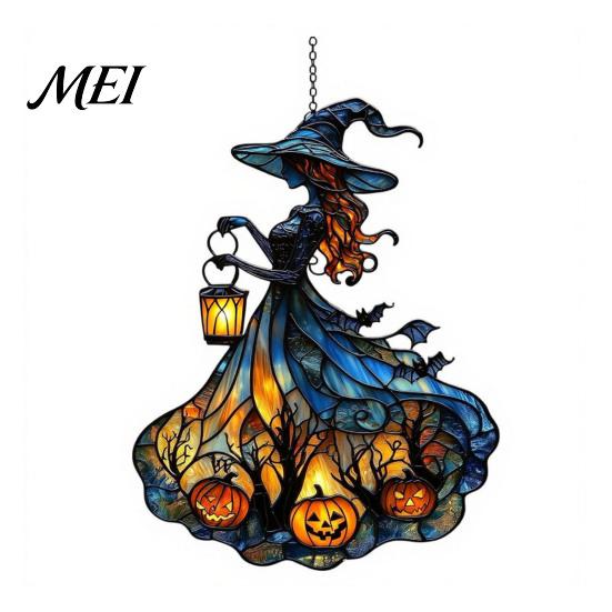 Handcrafted Witch Style Suncatcher Acrylic Suncatcher, Stained Glass Effect Window Car Hanging Ornament, Gothic Scary for Windows with Pumpkin Lantern