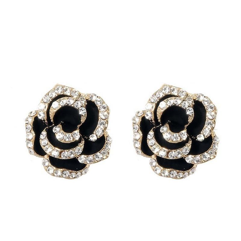 Temperament Elegant Black Camellia Pearl Stud Earrings For Women Girls Fashion Zircon Flowers Earrings Jewelry Accessories Gifts