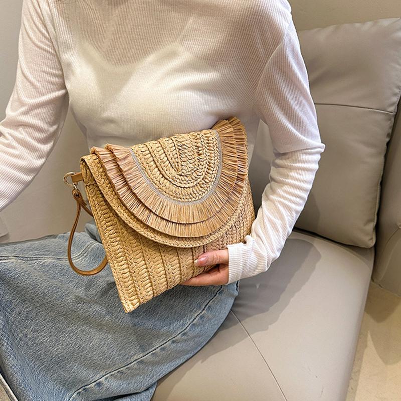 Summer Woven Braided Handbag For Women Handmade Envelope Shoulder Bag Travel Beach Shopping Coin Card Wallet