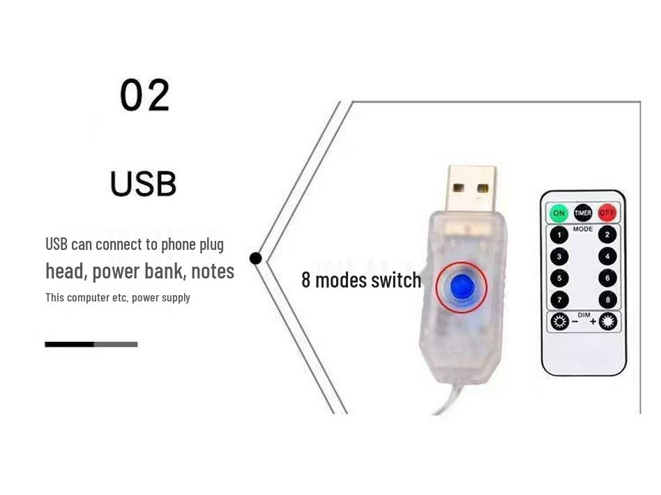 3x3m Copper Wire String Curtain Lights, USB Powered, 8-Function Remote, Waterproof, Multi-Color, for Weddings & Christmas Decoration.