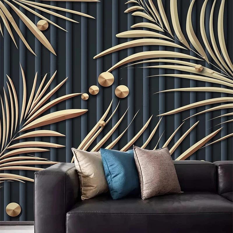 Moderní 3D tapeta s tropickými rostlinami Kovové listy Abstraktní freska Obývací pokoj Pohovka Ložnice Nástěnná malba Domácí dekorace