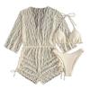 Womens 3-Piece Swimsuit Set With Long Sleeve Mesh Cover-Up High-Waisted Tie Waist Padded Bust Nylon Spandex Fabric