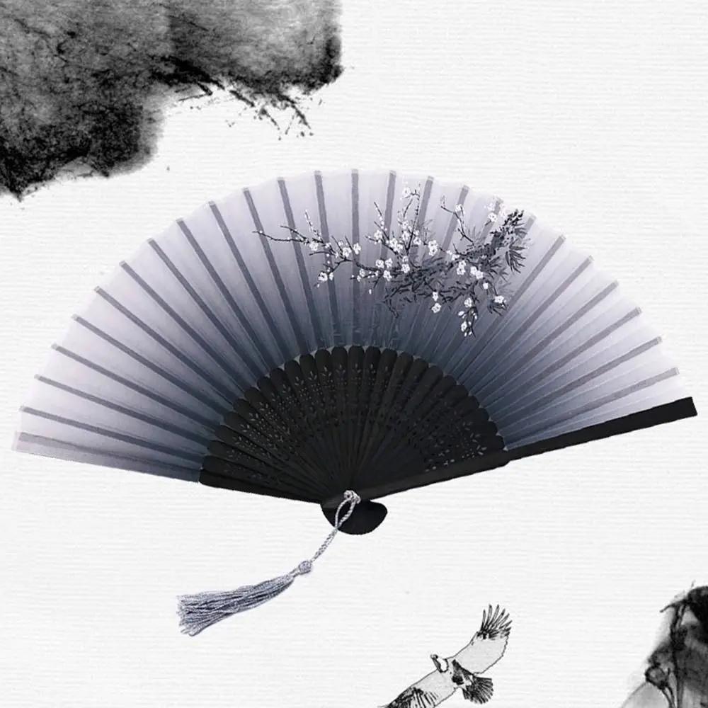 Silk Chinese Japanese Folding Fan Colorful Bamboo Vintage Style Folding Fan Hand Fan Tassel Elegent Female Fan