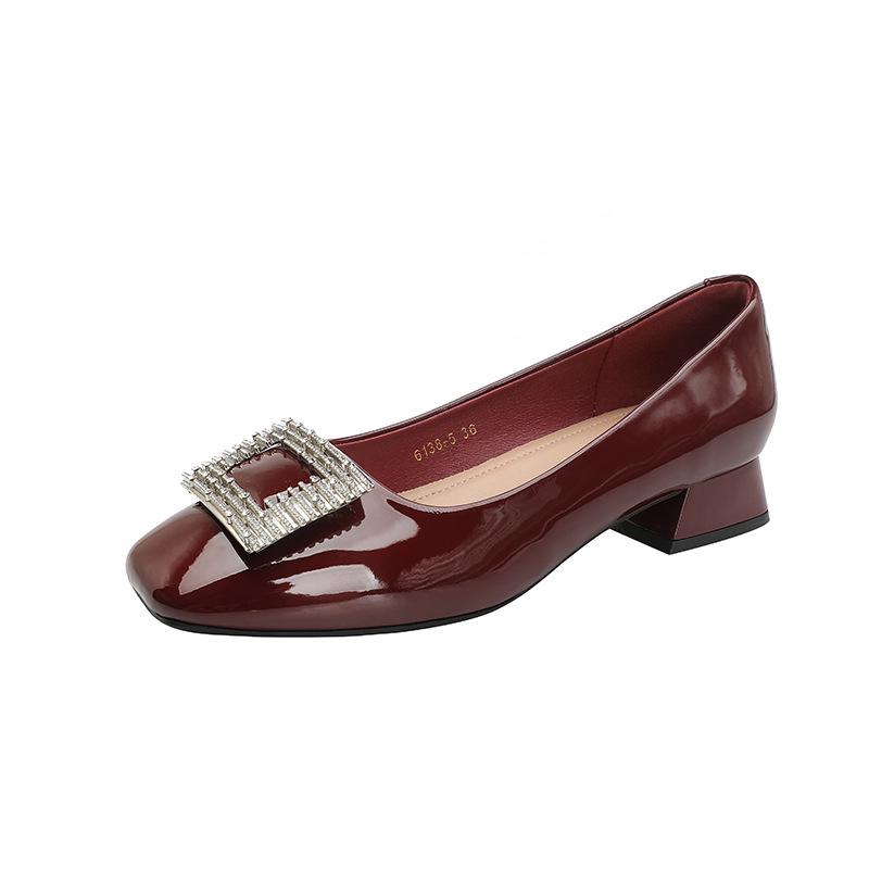 French square head high heels women's thick heel 2025 new spring and autumn women's shoes burgundy comfortable low heel light mouth single shoes