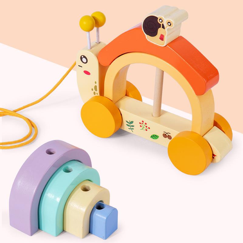 Wooden Drag Snail Rainbow Building Block Car Baby Puzzle Stacking Toddler Parent-Child Interaction Early Education Toy
