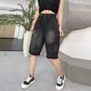 Plus Size Thin Vintage Ripped High Waist Casual Loose Women Summer Half Jeans Denim Harem Pants