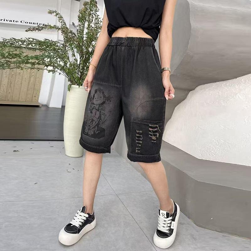 Plus Size Thin Vintage Ripped High Waist Casual Loose Women Summer Half Jeans Denim Harem Pants