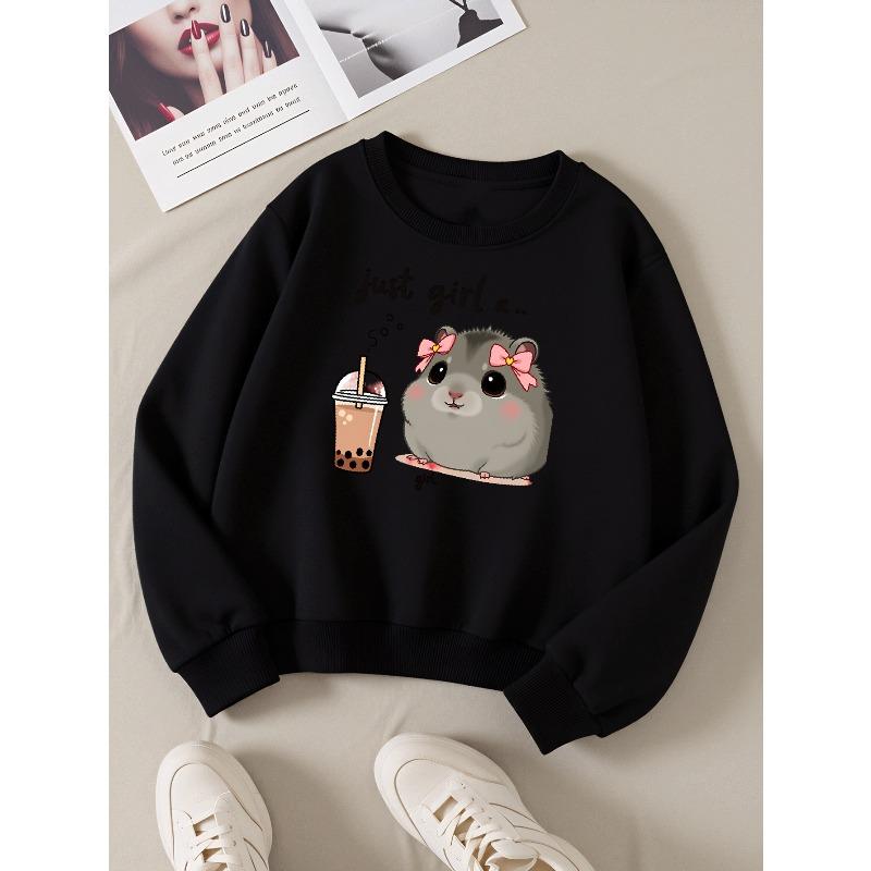 Girls' Long-Sleeve Casual Crewneck Sweatshirt | Just Girl A Hamster With Tea, Perfect For Outdoor Sports And Everyday