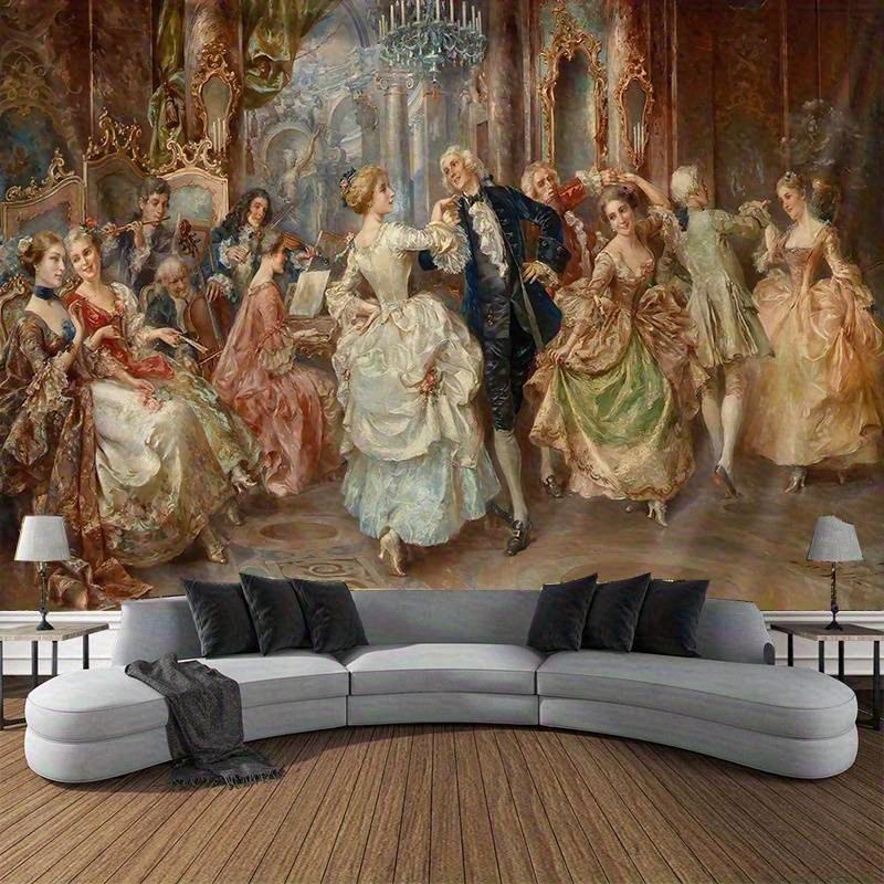 Arazzo da Ballo del Palazzo Rococò Pittura a Olio Vintage Tappeto da Parete Ballo della Corte Francese del XVIII Secolo Decorazione della Stanza con Pittura a Olio