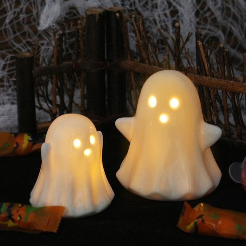 2Pcs Halloween Ceramic Ghostly Figurines With Soft Glows Night Light Handcrafted Holiday Decoration for Bedroom Party Decoration Collectibles