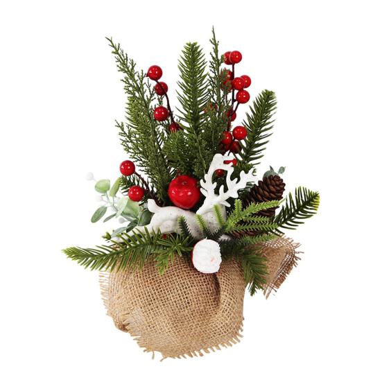 Small Christmas Artificial Plants with Burlap Base Faux Pine Branches with Red Berries/Poinsettias Flower