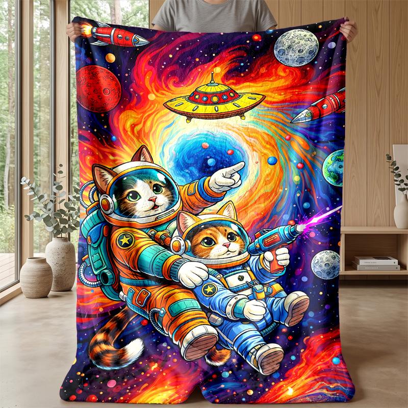 Cat Astronaut Space Journey blanket Personalized Name Flannel Blanket Soft Cozy Plush Throw for Sofa Bed Lightweight Home Decor