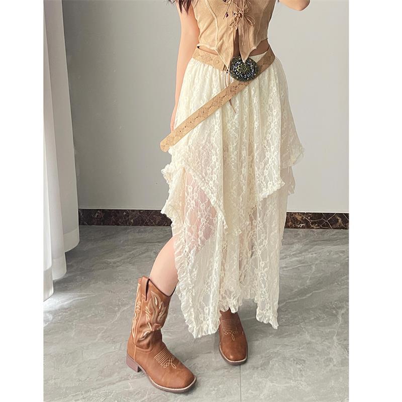Lace Asymmetrical Skirt Fairycore Women Vintage Y2K Boho Aesthetic Fashion High Waist Mid Skirts Lady Holiday Outfits