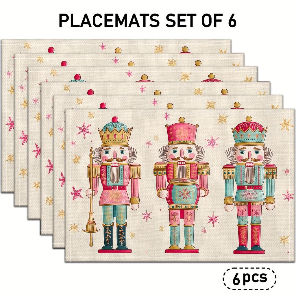 Set of 4 Christmas Nutcracker Placemats, Featuring Pink And Golden Snowflake Linen Table Mats, Suitable for Holiday Kitchen Table Decor, Everyday Use,