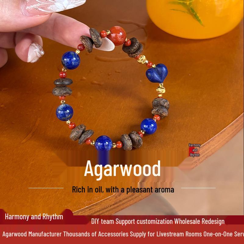Agarwood Pagoda Bead Bracelet with Lapis Lazuli and Red Agate Heart Accents - Versatile for Gift or Personal Use 8mm Bead