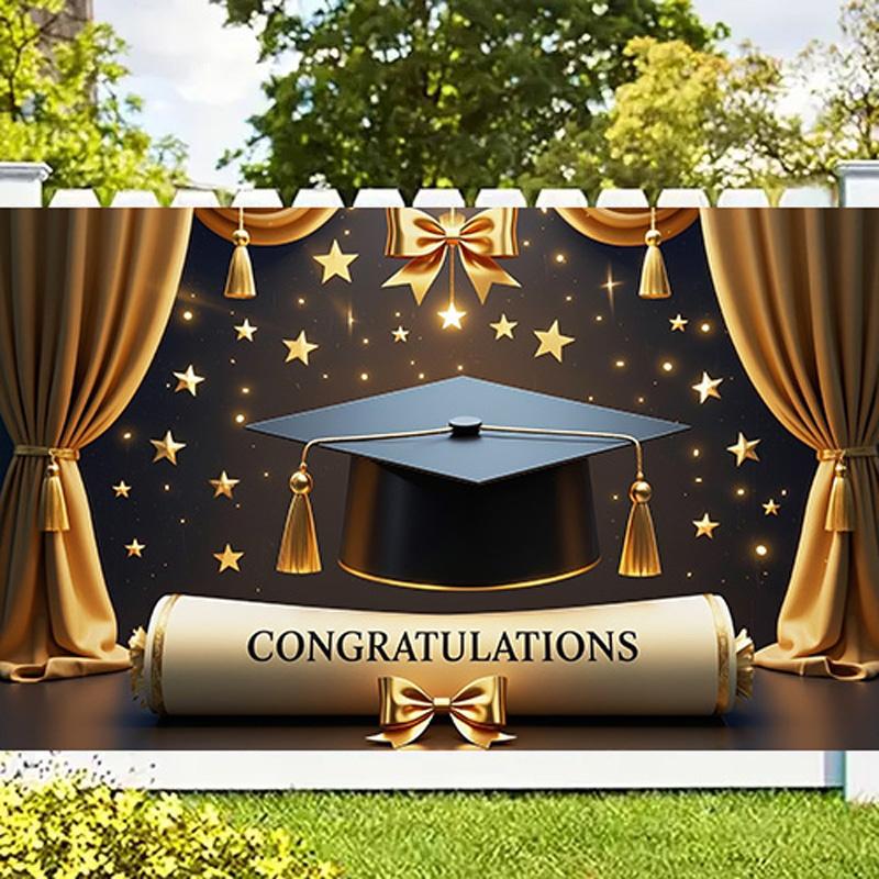 Golden Graduation Cap&Diploma Design Party Banner,for Celebrations,Home&Garden Events,Photo Studio Backdrop,Festivities,Graduation Party Decor