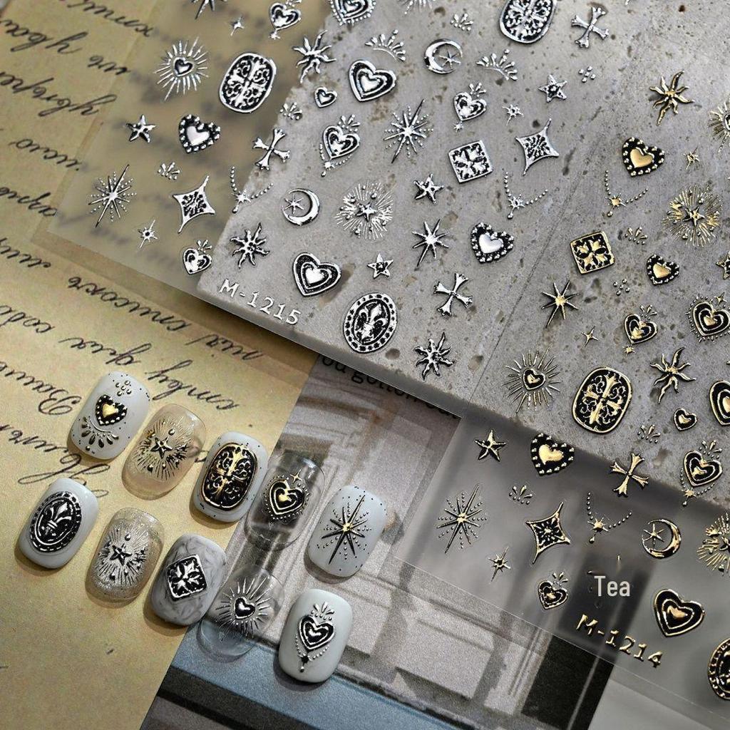 Gothic Starburst Metal Nail Art Stickers – Spicy Gold & Silver Stars, Hearts, and Crosses for DIY Nails