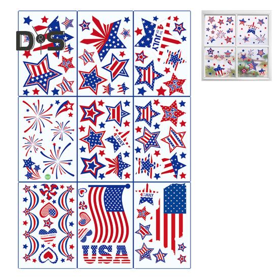 9Pcs Independence Day Stickers Double-Sided Design Stars Stripes Elements Easy To Use July 4 Patriotic Window Decoration