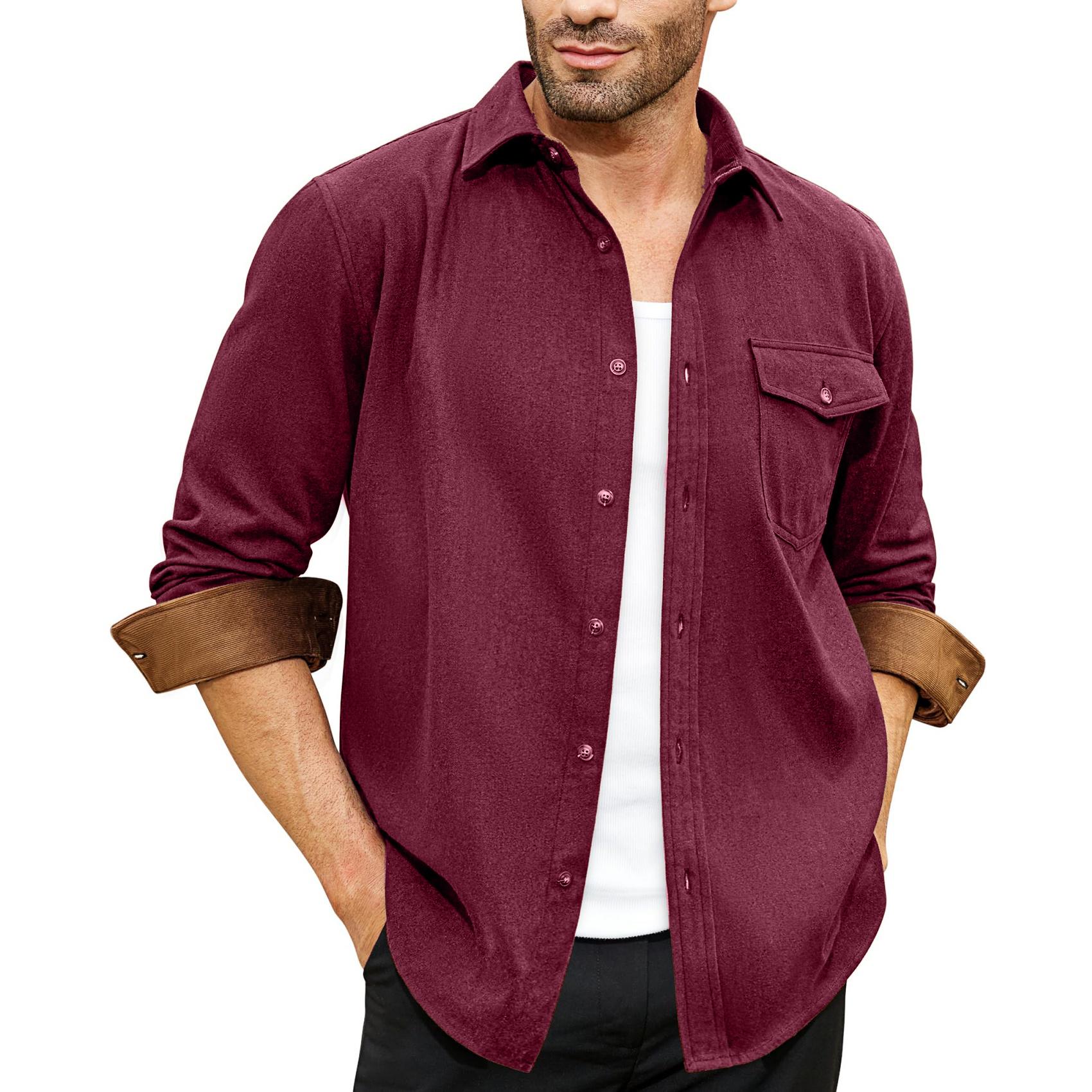 

Men s Solid-color Casual And Fashionable Long-sleeved Lapel Workwear Button-down Shirt M винный