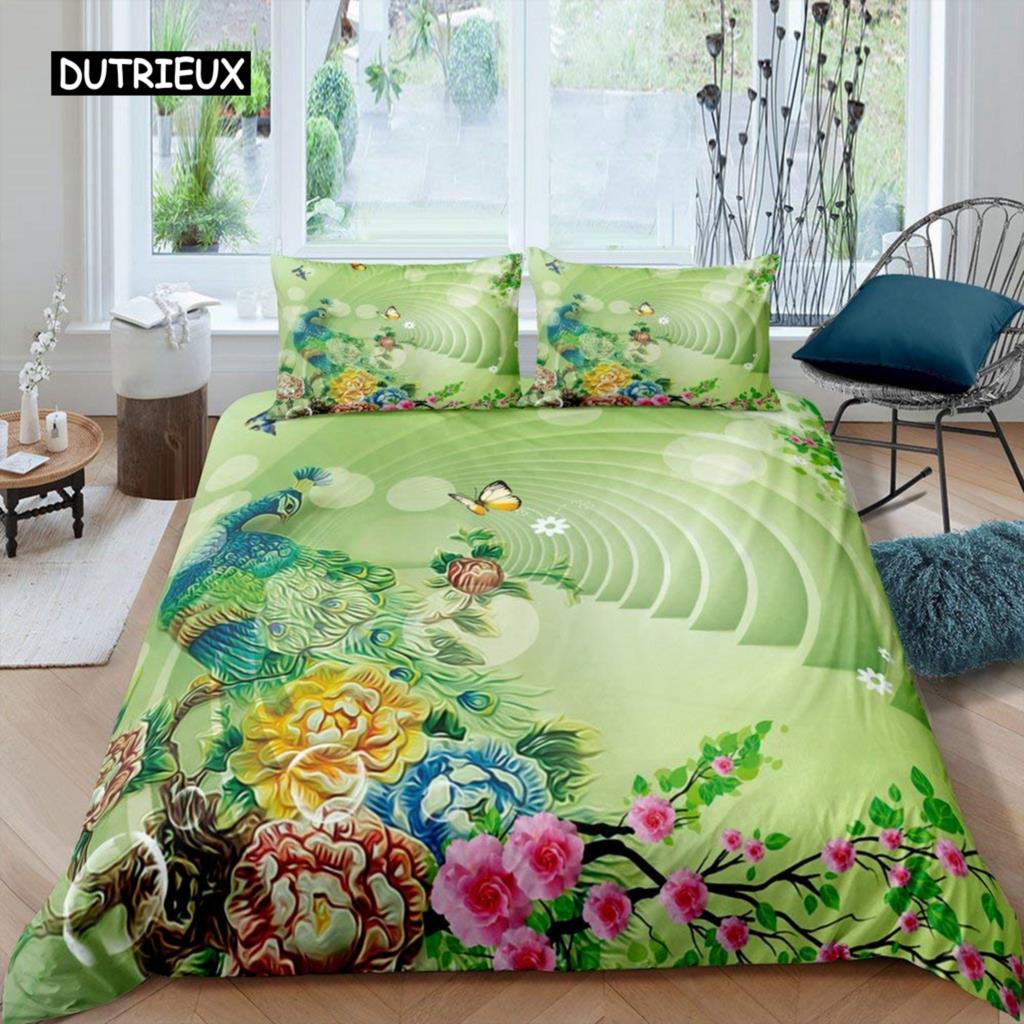 

Пододеяльник Павлин Экзотические птицы Животные Пододеяльник Полиэстер Перо Бабочка Цветы Постельное белье King Для Девочек Подростковая Комната EU single(135x200cm)