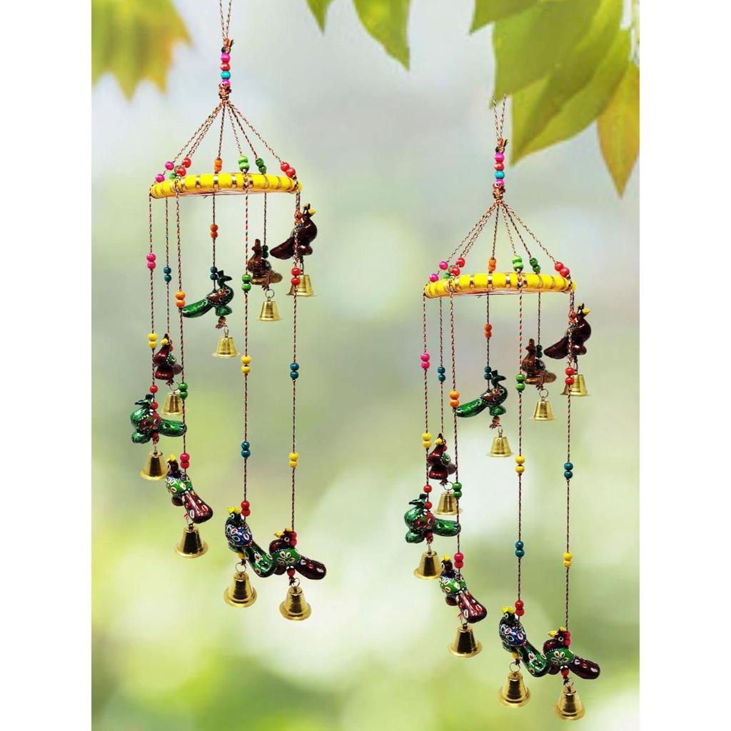 Colored Bell Wind Chime, Door/Wall Hanging Decorative Showpiece/ Home Furnishing/Diwali Gift/Corporate Gift (Pack of 2, Peacock)