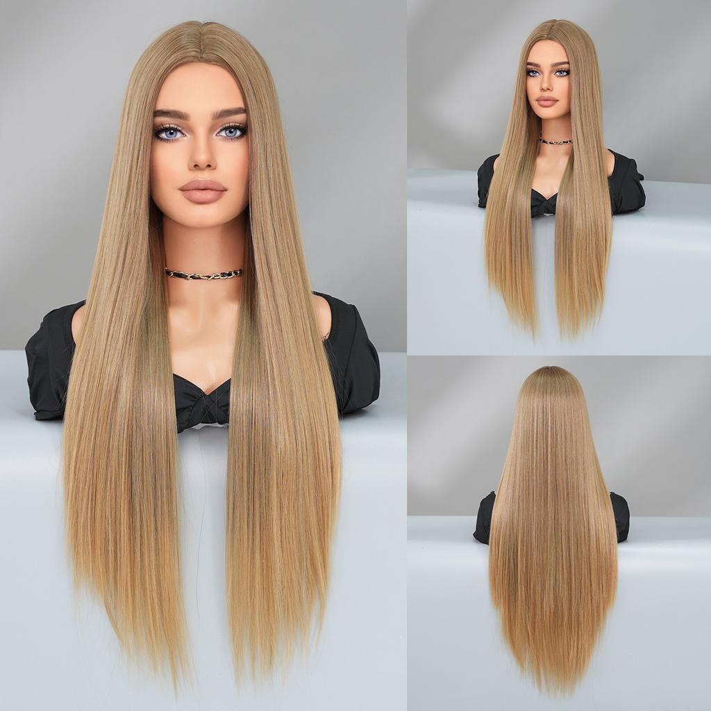Women’s Extra Long Straight Blonde Wig Middle Part Nordic Ombre Color European and American Style Synthetic Full Wig