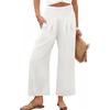 Women S High Waist Smocked Straight Leg Cropped Casual Pants Solid Color