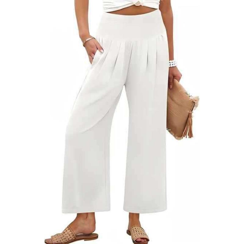 Women S High Waist Smocked Straight Leg Cropped Casual Pants Solid Color