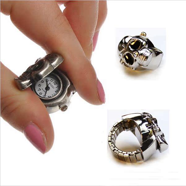 Men's Gothic Antique Silver/Bronze Skull Ring Watch with Ghost Head Design