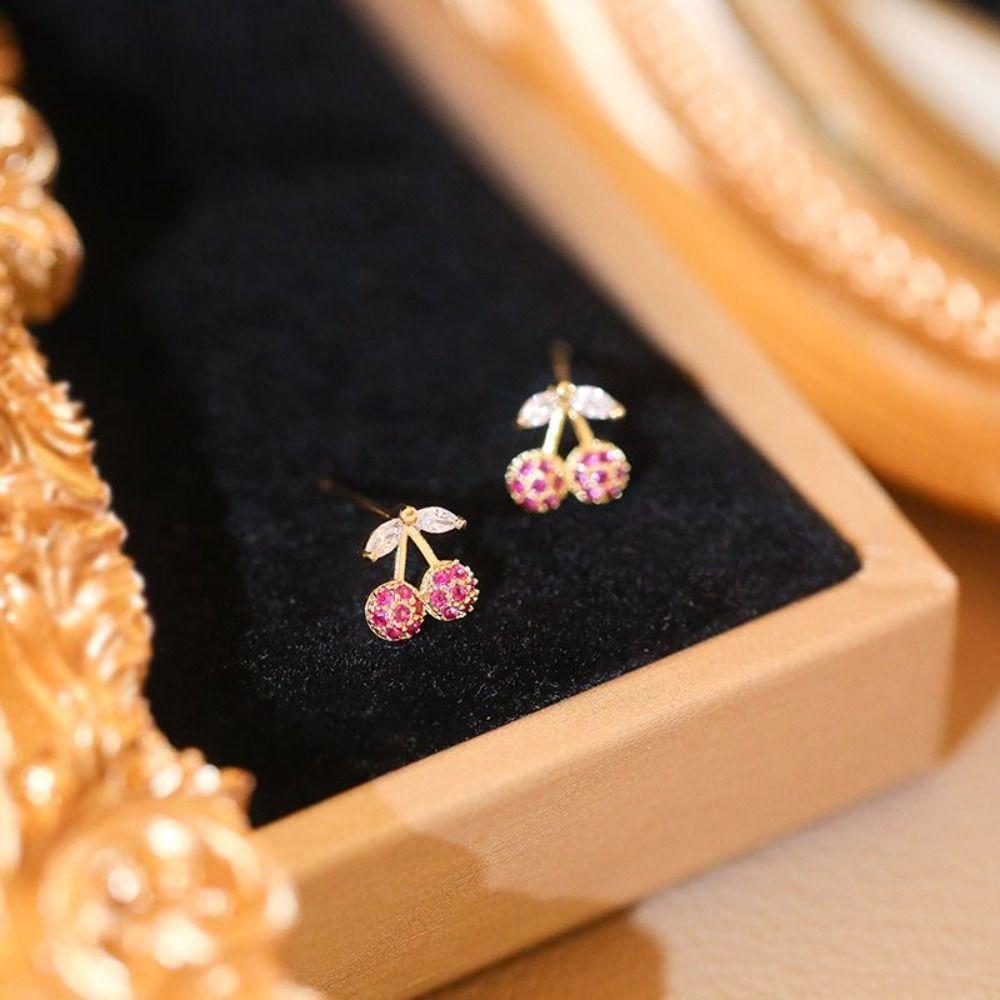 Crystal Necklace Earring Set Exquisite Cherry Necklace Set Rhinestone Cherry Jewelry Suit  Women