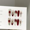 Women Press‑On Nails Pure‑Handmade Burgundy Cat‑Eye New Year Pile Rhinestone False Nail Patches