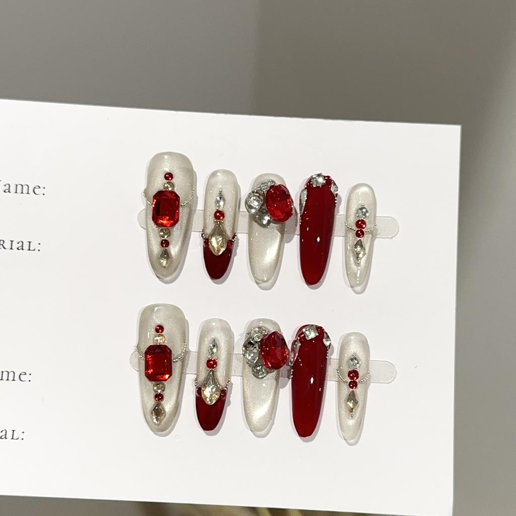 Women Press‑On Nails Pure‑Handmade Burgundy Cat‑Eye New Year Pile Rhinestone False Nail Patches