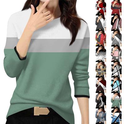 Women's Casual Fashion Top Color Block Patchwork Round Neck Long Sleeve Pullover Top