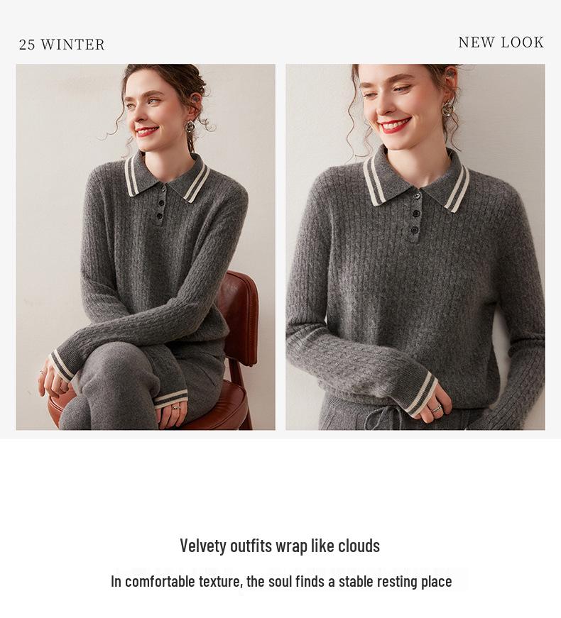 Women's Contrast Color Cashmere Polo Neck Sweater - Autumn & Winter Collection
