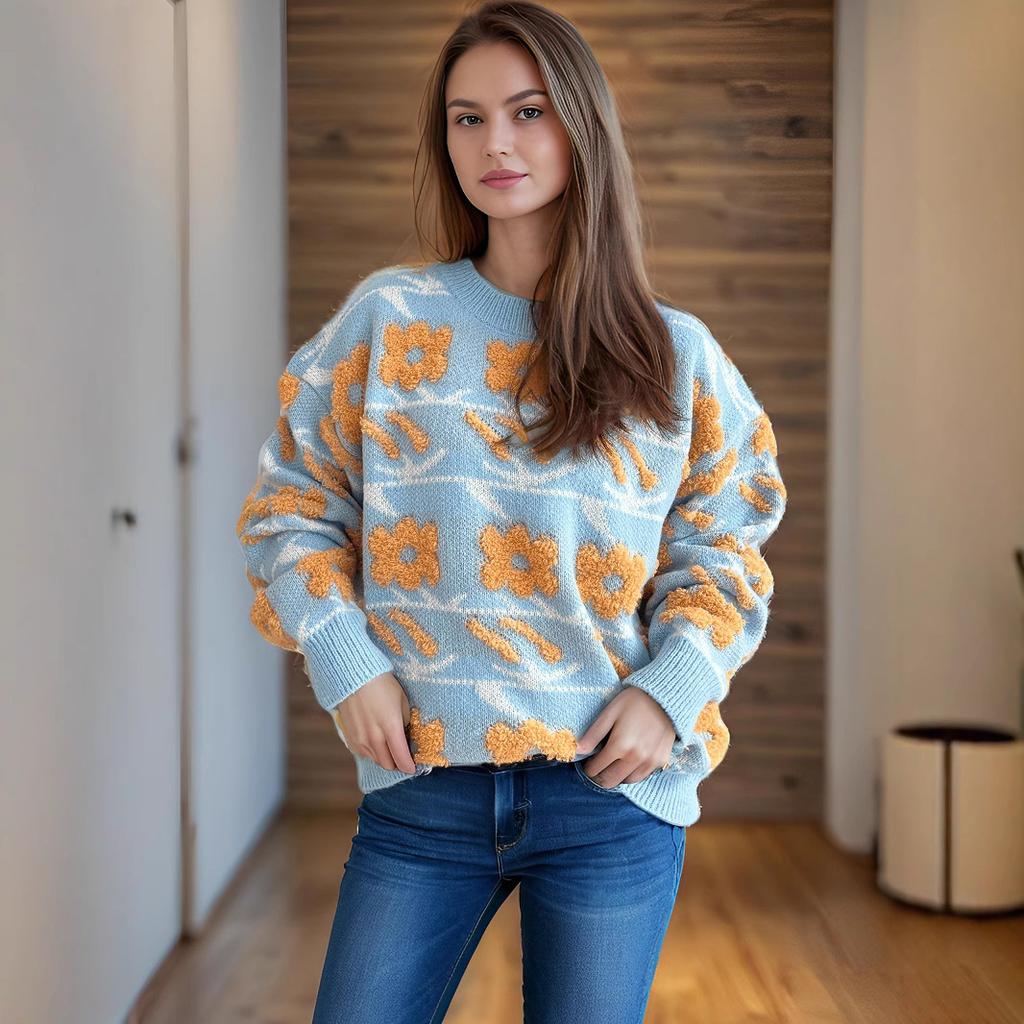 Autumn and Winter New Sweet and Cute Style Flower Jacquard Towel Embroidered Knitted Round Neck Thick Sweater for Women 3579 KTB