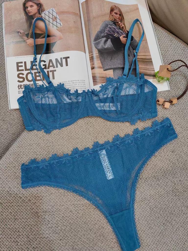 French Sexy Underwear Ultra-thin Half Cup Embroidered Lace Bra Large Chest Small Size Erotic Underwear