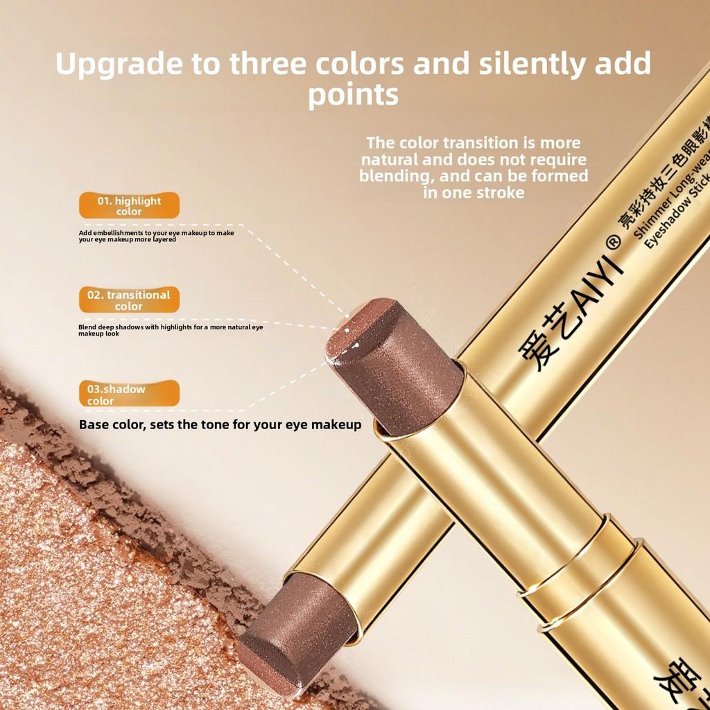 Three Color Eyeshadow Stick Silkworm Multifunction Eye Shadow Stick Waterproof Long-lasting Setting Student Daily Cosmetics Women's Fashionable