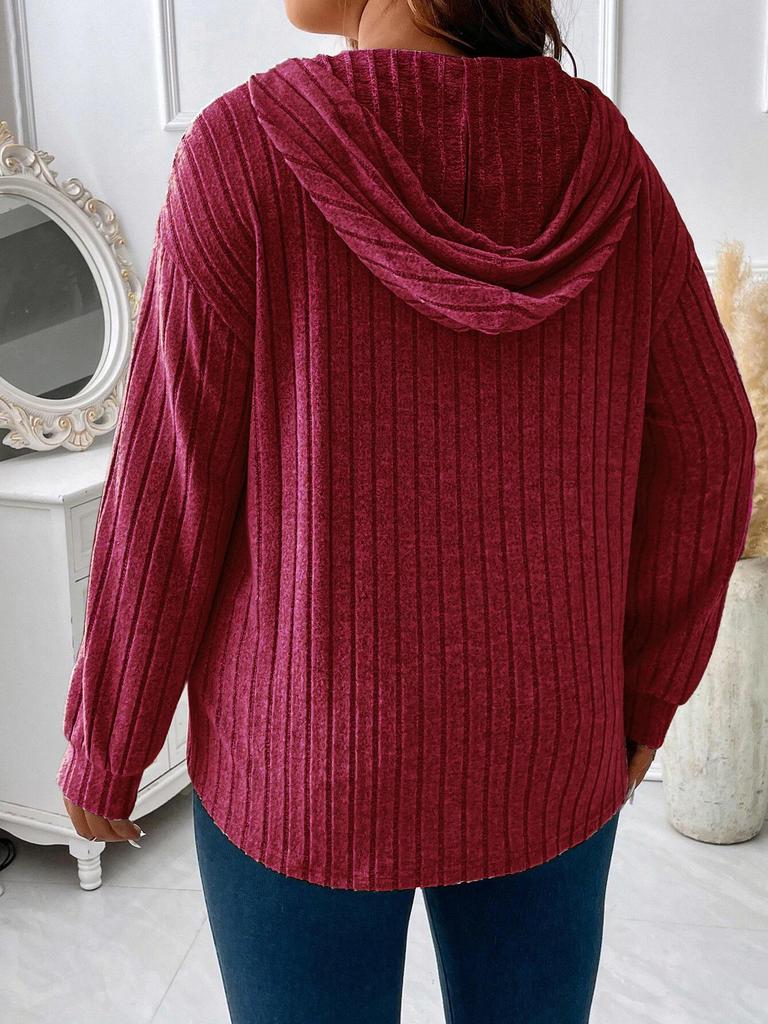 2025 Autumn/Winter V-Neck Plus Size Women's Hooded Ribbed Long Sleeve T-Shirt