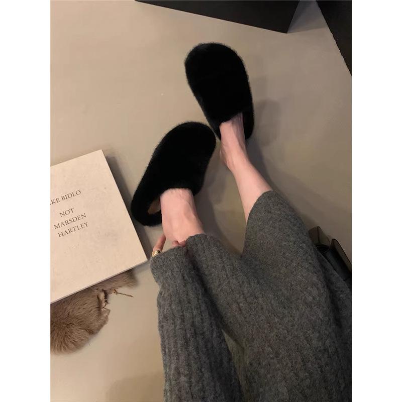Mao Mao slippers women's outer wear 2025 new autumn and winter plush half slippers flat-bottomed pregnant women non-slip leopard print Mao Mao shoes