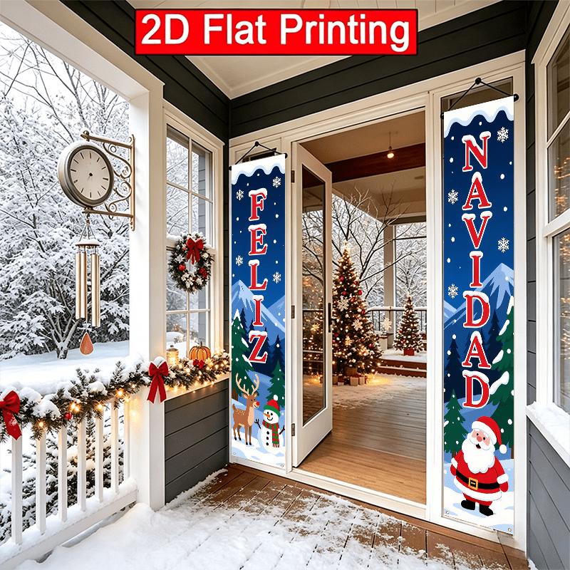 2D Flat - 2pcs 2D Flat Spanish Merry Christmas Theme, 30.48X179.83 cm Polyester Door Couplets, Rudolph Reindeer And Cartoon Snowman Design, Suitable f