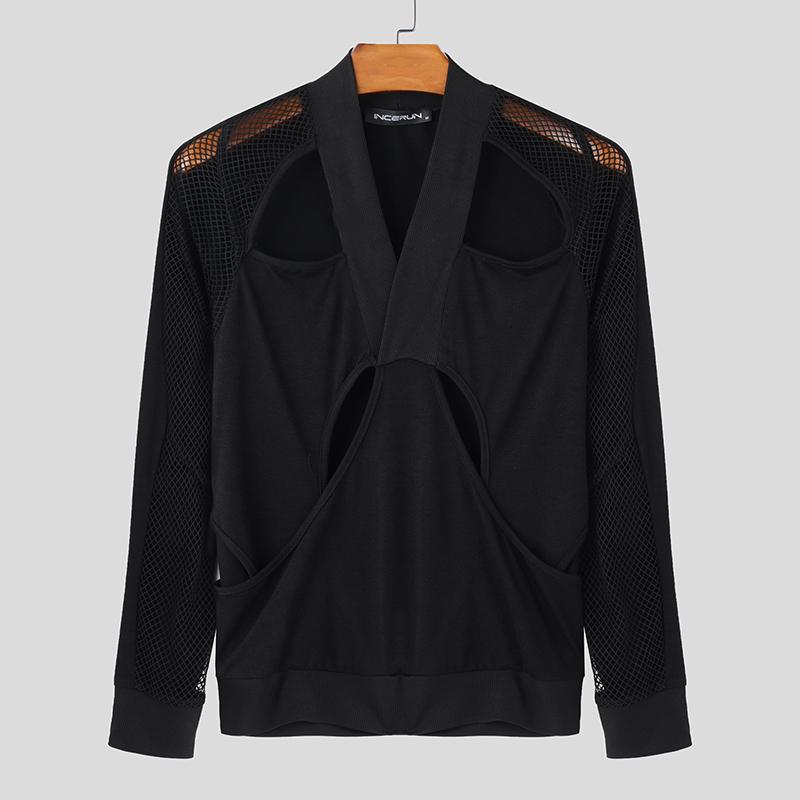 

INCERUN Мужские топы с длинным рукавом и вырезом спереди из сетчатой пряжи в стиле пэчворк L чёрный