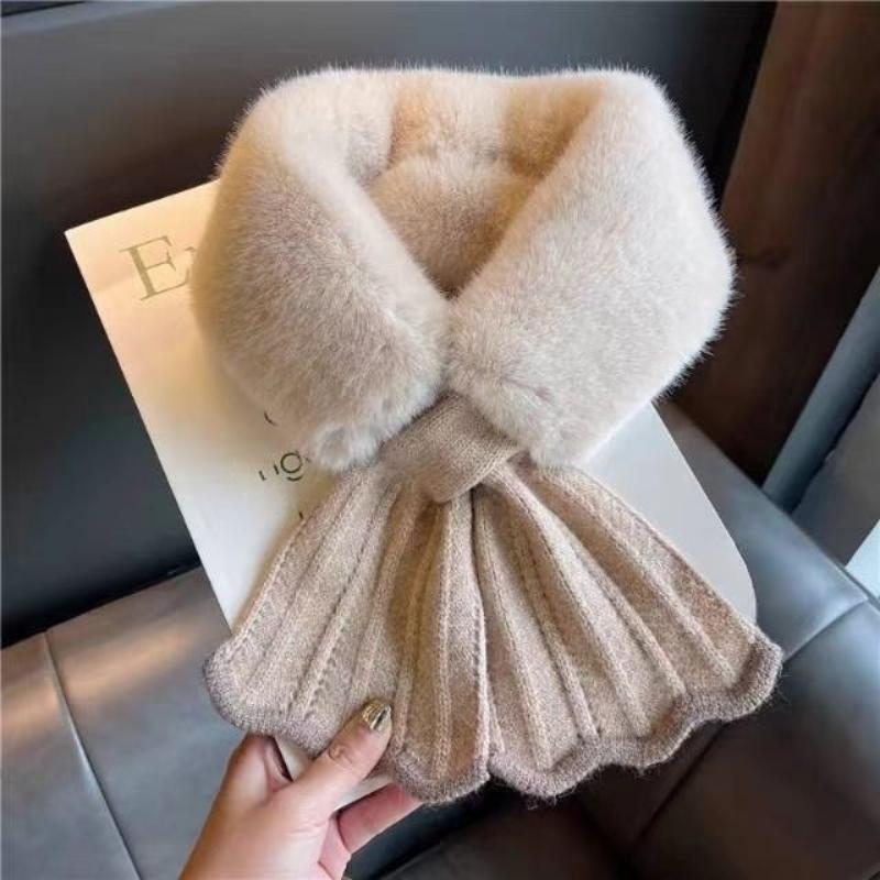 Women Winter Warm Thicken Cross Collar Neck Warmer Solid Color Faux Rabbit Fur Plush Elegant Knitted Shawl Scarfs
